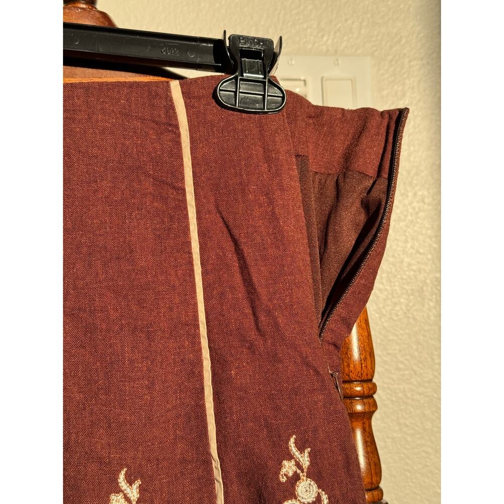 AZwell Linen Blend Embroidered Cottagecore Midi Skirt Brown Boho Prairie M - Picture 3 of 10